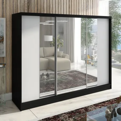 Produktbild von Schwebetürenschrank, 3 -türig Schrank 200 cm mit Spiegel VIDA (Schwarz, Weiß )