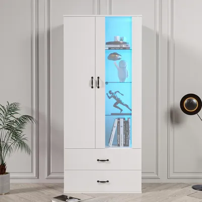 Obrázek produktu pro Bílá vitrína s osvětlením, rozměry 59,5 x 35 x 182 cm, 2 dvířka, vyrobená z dřevotřísky, s průhlednými akrylátovými dvířky a 2 zásuvkami, vhodná do obývacího pokoje
