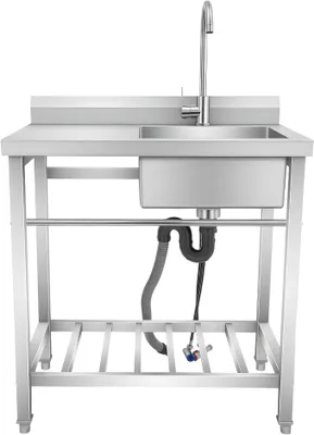 Produktbild von Freistehende Edelstahl Spültisch, Multifunktions Spüle mit Wasserhahn mit Kalt und Warmwasserschläuchen, Gewerbliche Spülbecken für Garage, Werkstatt, Waschküche, Camping, 80 x 55 x 84cm
