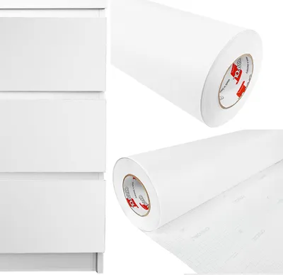 A collage showing a white dresser and two rolls of white adhesive film.