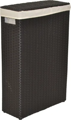 A dark brown woven laundry basket with a beige lid and liner.