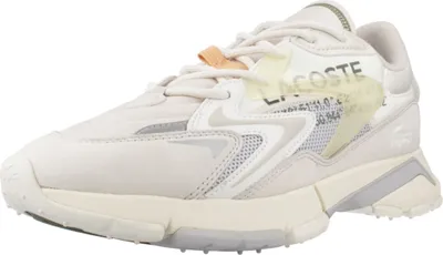 A single white Lacoste sneaker is shown from a side angle against a white background.