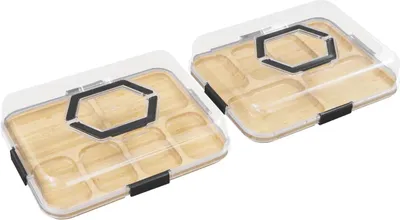 Image de Plateau à charcuterie & fromage - set de 2 avec couvercle - 6 compartiments - bambou & acrylique - 35,3×28,3 cm - rectangulaire - bleu