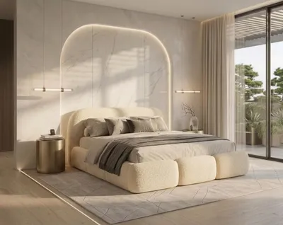 Produktbild von Polsterbett mit Bettkasten RIMINI / Lambi 2 Creme / Schlaffläche 200 cm x 200 cm / Metallrahmen / Bett mit gepolstertem Kopfteil/ Bouclé, KI-generiertes Bild