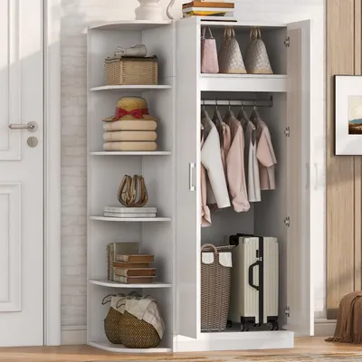 Produktbild von Flieks Zweitüriger Eckkleiderschrank mit Kleiderstange, Gaderobe Kleiderschrank mit offenen Regalen und Staufach, Gaderobenschrank 90x55x170 cm, Weiß