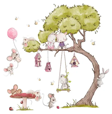 Image de Autocollant mural pour chambre de fille, avec des animaux et des fleurs