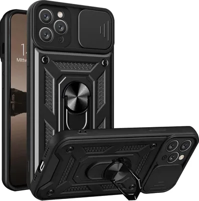 A black protective case for an Apple iPhone 11 Pro is shown from multiple angles against a white background.