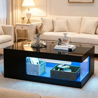 Produktbild von MODFU Couchtisch Hochglanz Sofatisch mit LED-Lichtleiste Kaffeetisch Beistelltisch mit gehärteten Glasböden an beiden Seiten geeignet für Wohnzimmer Schwarz