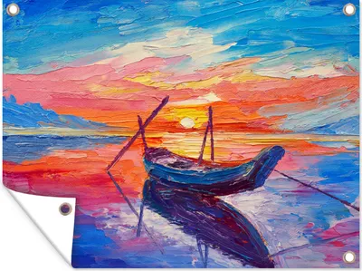 Produktbild von MuchoWow® 40x30 cm Outdoor-Poster Gartendeko Sichtschutz Garten Poster für den Garten  Malerei - Boot - Ölfarbe - Wasser