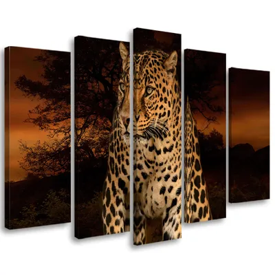 Produktbild von 5-teiliges leinwandbild leopard panther katze safari 100x70 cm Feeby orange wandbild bereit zum aufhängen