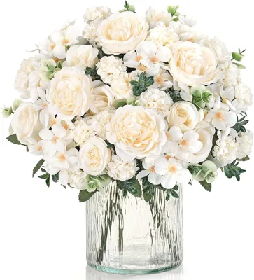 Produktbild von 2 Sträuße Kunstblumen Rosen & Pfingstrosen, Weiße Seidenblumen, für Hochzeit, Wohnraumdekoration
