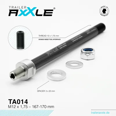 Produktbild von Trailer AxXle TA014 - Die Achse für Fahrrad Kinderanhänger : 167-170 mm : M12x1,75 Achslänge: 167-170 mm Gewinde: M12x1,75