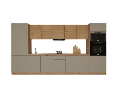 Produktbild von Küchenzeile 420 cm mit Mikrowellenumbauschrank Küchenblock Kühlumbauschrank Ohne Arbeitsplatte Einbauküche, Langen KL12-M420, Beige/Artisan Eiche