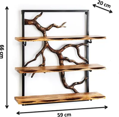 Zdjęcie produktu dla Kobolo półka ścienna 59x20x66 cm gałąź gałąź- 3 półki wykonane z metalu żelaza i drewna półka wisząca półka na książki czarna półki ścienne półki pływające półki na wino półki półki