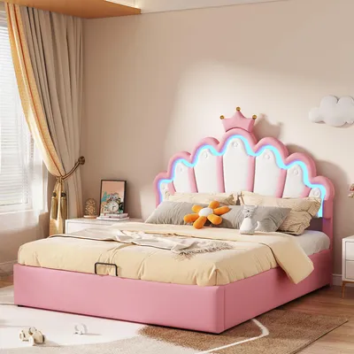 Produktbild von STILVORA Polsterbett 140x200cm hydraulisches Kinderbett Jugendbett mit Bettkasten und Kronenkopfteil,verstellbare Ambiente-Beleuchtung,Rosa(ohne Matratze)