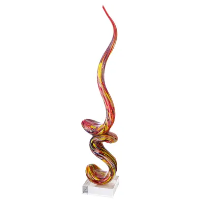 A glass sculpture with swirling colors on a clear base.