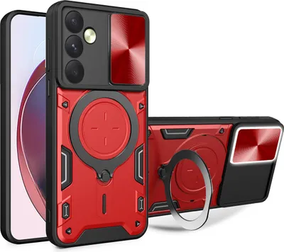 Produktbild von Handyhülle für Samsung Galaxy A35 5G Dual-Layer Stoßfest Rüstung Hülle mit Dia Kameraschutz und Kreisförmig Ring Ständer Rot