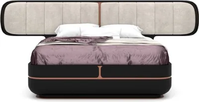 Produktbild von Casa Padrino Luxus Doppelbett Grau / Schwarz / Kupfer 330 x 215 x H. 120 cm - Massivholz Bett mit gepolstertem Kopfteil - Schlafzimmer Möbel - Hotel Möbel - Luxus Möbel