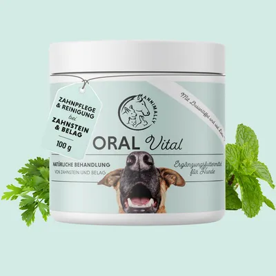 Produktbild von Oral Vital 100 g - Zahnpflege Hund gegen Mundgeruch - unterstützt aktiv bei Zahnstein, Plaque, Zahnbelägen und Verfärbungen