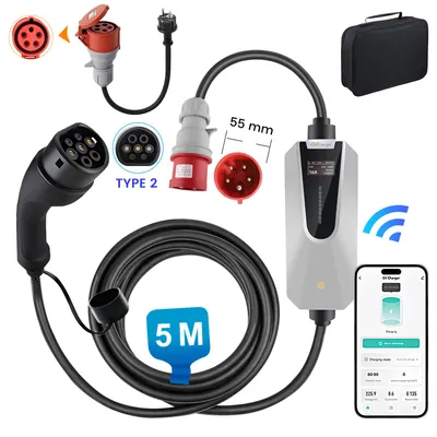 Immagine prodotto di Wallbox portatile da 11 kW, tipo 2, con presa CEE 16A, trifase, inclusa adattatore da 11 kW a 3,5 kW con presa CEE, regolabile 6-16A, con app e connessione Bluetooth/Wi-Fi, 5m, grado di protezione IP65, inclusa custodia