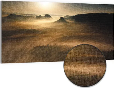 Produktbild von DEQORI Hybrid Leinwand Bild 100x50 cm 'Goldener Waldhauch' Wandbild Glas flach modern
