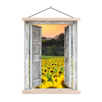 Produktbild von MuchoWow® Textilposter Sonnenblume - Abend - Blumen - Ansicht 120x160 cm mit holzfarbenen Rahmen - Plakatkarton
