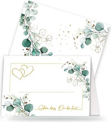 Produktbild von 20 Tischkarten Eucalyptus Golden Hearts - Herzen um Eukalyptus weiß A7, 10,5cm, Höhe 7,4cm