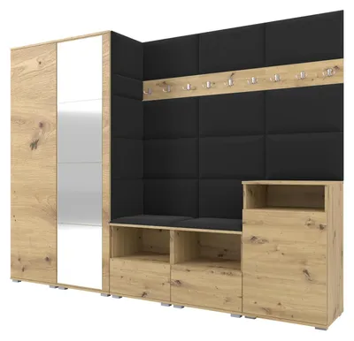 Produktbild von Garderobe NELA VIII 250 cm Modulare Flurmöbel Artisan Eiche mit Spiegel & Sitzpolster Schwarz 16 (Set XL)