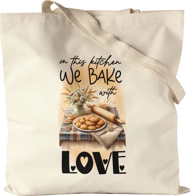 Produktbild von In this kitchen we bake with love Backutensilien Jutebeutel - Liebevolle Geschenkidee