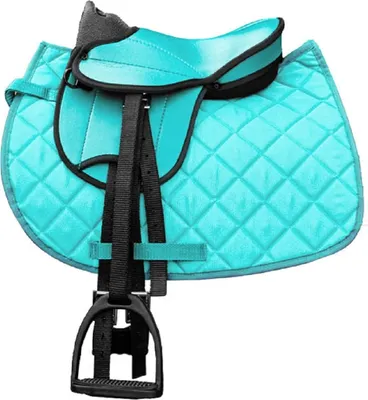 A turquoise and black saddle with a quilted saddle pad and stirrups, isolated on a white background.