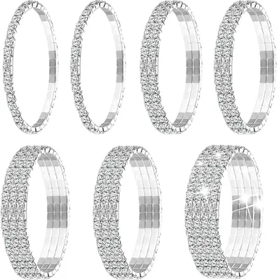 Produktbild von Yaomiao 7 Stücke Strass Stretch Armband Tennis Armreif Silber Stapelbar Strass Armband Hochzeit Schmuck für Frauen Braut Mädchen