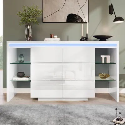 Produktbild von Flieks Kommode mit 6 Schubladen, Wohnzimmerschrank Sideboard mit 4 Glasablagen, Anrichte mit Led, Beistellschrank Hochglanz, 155x40x80 cm, Weiß