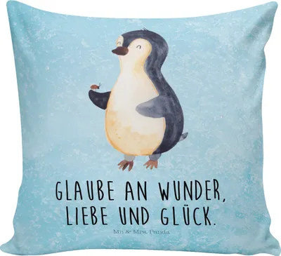 Produktbild von Mr. & Mrs. Panda Kissen 40x40 Pinguin Marienkäfer - Eisblau - Geschenk, Lebensfreude, mikrofaser, Pinguine, Liebe, bedruckt, Dekokissen, Zierkissen, Aufmerksam, Polster