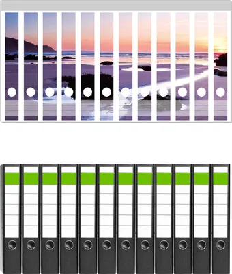 Produktbild von Wallario 12 Stück schmale Ordner inkl. Klebeetiketten mit Motive Sonnenuntergang am einsamen Strand -  Set mit Rückenschildern / Ordnerrücken Stickern