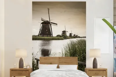 Produktbild von MuchoWow® Fototapete für Wohnzimmer oder Schlafzimmer Wandtapete Vinyl Motivtapete Mühle - Brücke - Niederlande - 195x300 cm - Das Hintergrundbild
