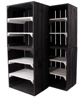 Produktbild von 9er Set Schwarze Holzkiste mit 2 weißen Mittelbrettern quer 50cm x 40cm x 30cm Obstkisten Weinkiste schwarz mit weissen Garten Zwischenbrettern Schuhregal Küchenregal Natur