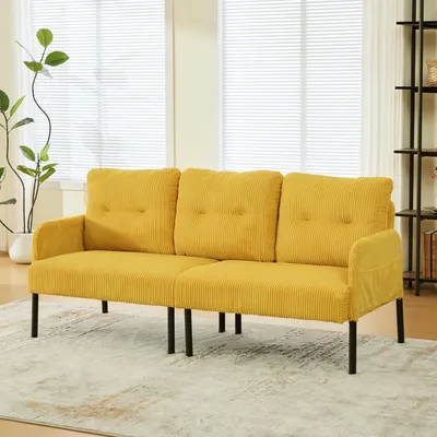 Produktbild von MODFU Sofa Cord Drei-Sitzer,Loungesofa mit hoher Rückenlehne und praktischen Seitentaschen,Stabile Metallfüße,Cord,Gelb