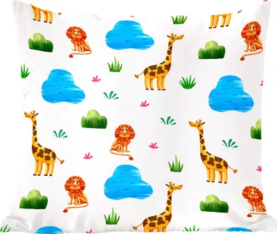 Produktbild von MuchoWow® Zierkissen Sofakissen Wohnzimmer Dekokissen 50x50 cm Giraffe - Löwe - Dschungel - Design - Komfort - Sofakissen