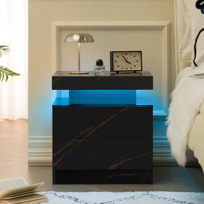Immagine prodotto di Comodino LED Ropilly con due cassetti, 50 x 53 x 36 cm, comodino nero e dorato con vano aperto e illuminazione multicolore, ideale per la camera da letto