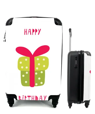 Produktbild von MuchoWow® Koffer Handgepäck Trolley Rollkoffer Kleine Reisekoffer mit 4 Rollen - Illustration mit dem Zitat "Happy Birthday" und einem grünen Geschenk - Cabin Size < 55x40x23 cm & 55x40x20 cm - Fotokoffer - Kabinenkoffer - Boardgepäck - Reise-Box - Reisekoffer - Reisegepäck - Koffer mit Bild - Trolley für Kinder