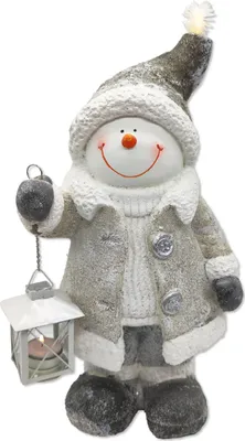 Produktbild von Winterfigur Schneemann mit LED und Windlicht Laterne 28 x 47cm Dekofigur Weihnachtsdeko