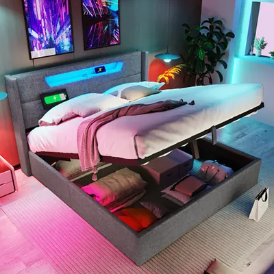 Produktbild von Sweiko Polsterbett 160x200cm LED Doppelbett mit USB Typ C Ladefunktion, Stauraumbetten Bettgestell aus Leinenmaterial Jugendbett (Ohne Matratze)