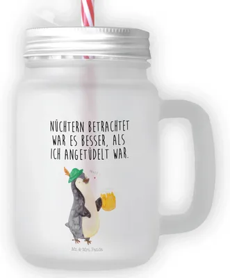 Produktbild von Mr. & Mrs. Panda Trinkglas Pinguin Bier - Transparent - Geschenk, glas mit deckel, Beschwippst, Pinguine, Cocktailglas, , Strohhalm, Angetüdelt