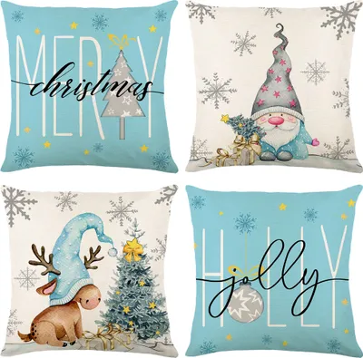 Produktbild von 4er Set Weihnachten Kissenbezug 45x45cm Dekokissen Kissenhülle Kissenbezüge Weihnachtsdeko, Blau