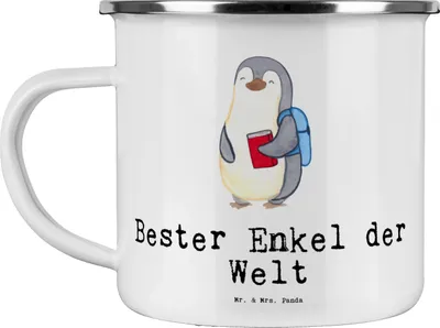 Produktbild von Mr. & Mrs. Panda Pott Pinguin Bester Enkel der Welt - Weiß - Geschenk, wandertasse, Haferl, Enkelsohn, Blechtasse, Enkelkind, Taufe, Opa, Teetasse, Geschenkidee, Oma