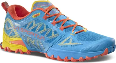 Trailrunning-Schuhe "Bushido III Gtx" von La Sportiva in Blau; Gelb und Orange mit rutschfester Sohle.
