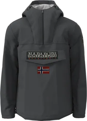 A gray NAPAPIJRI jacket with a front pocket and a flag emblem.