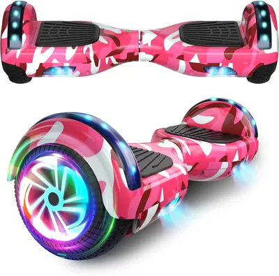 Imagen del producto de Tabla de equilibrio de 6,5 pulgadas con altavoz Bluetooth, scooter autoestabilizadora, motor con luces de colores y luces LED, diseño rosa camuflado