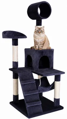 Image de lionto Arbre à chat, arbre à chat élégant de 133 cm, recouvert de peluche, troncs en sisal robustes & surfaces de repos polyvalentes, gris foncé