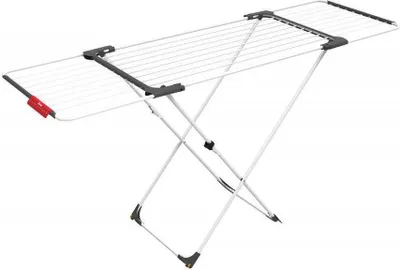 A white clothes drying rack with gray and red accents against a white background.